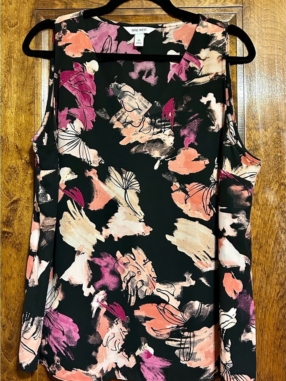 Nine West Black Cold-Shoulder Blouse with Pink & Peach Abstract Floral Print